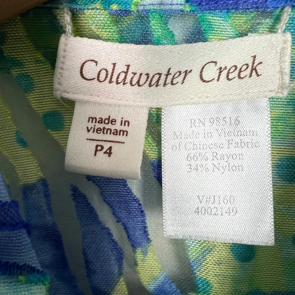 Coldwater Creek Women's Petite 4 Blue Green Burn out Sheer Zip 3/4 Sleeve Jacket